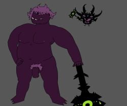 casual_nudity completely_nude cyclops demon flaccid full_body general_kuwagattan hammer leaning_on_object male male_only messy_hair overweight_male patapon patapon_2 pecs pubic_hair purple_eyes purple_hair purple_skin solo tagme