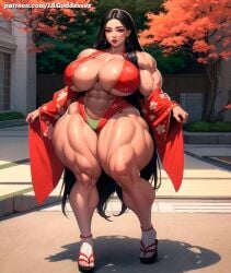 abs ai_generated asian_female geisha huge_ass huge_breasts muscular_female muscular_legs muscular_thighs red_lipstick solo wide_hips