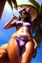 1futa ai_generated anthro beach beach_hat below_view bikini bikini_bottom bikini_top black_hair breasts bulge concealing_penis dana_mynx dickgirl fluffy_tail fox fox_ears fox_tail furry futa_focus futa_only futanari hair hi_res highres inner_ear_fluff intersex long_fingers long_hair looking_at_viewer looking_down multicolored_body multicolored_fur multicolored_hair navel orange_body orange_fur original original_character outdoors outside palm_tree penis petite petite_body pov purple_bikini purple_hair sideboob six_pack small_breasts small_smile solo sun sunglasses sunlight tail tree vulpine white_body white_fur