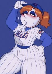 1girls averrbaverr baseball baseball_(sport) baseball_cap baseball_uniform belt big_head blue_background blue_body blue_eyeshadow blue_skin blush blush brown_eyes brown_hair female female female_focus female_only gloves hand_on_hip large_ass lips mascot mascot_head mrs._met new_york_mets ponytail round_head sweat sweatdrop sweating thick thick_ass thick_thighs tight_clothing tight_fit tight_pants tight_shirt