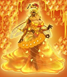 1girl 1girls 4_arms antennae bee bee_girl cleavage crown dress female flower gold_background honey huge_ass huge_breasts insect insect_girl insect_wings meshpet queen_bee thick_lips thick_thighs wide_hips