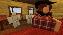 1girls 2boys 3d cowboy cowboy_hat execel nervous roblox robloxian saloon self_upload sweat tagme tan_skin