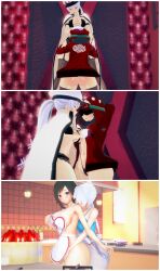 2girls 3d apron blue_eyes female female_only femdom goggles goggles_on_head kitchen riding_crop rooster_teeth ruby_rose rwby rwby_ice_queendom silver_eyes stormstriker weiss_schnee yuri