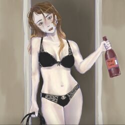 alcohol bottle bra brown_hair celia_lede dominant_female dommy_mommy drunk female lace lace-trimmed_panties lingerie makeup makeup_running mascara mascara_tears panties solo_female the_price_of_flesh ultimatesinpai whip wine wine_bottle