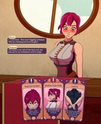 blowjob boobs card_game cum_on_face direshrub distracted gameplay_mechanics missionary_sex potionomics roxanne_(potionomics) sylvia_(potionomics) text