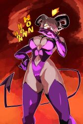 33dot belly_button breasts cleavage demon_girl gloves horn horns krampus_(33dot) laugh ojou-sama_pose pale_skin pointy_ears revealing_clothes sharp_teeth stockings tagme tail thick_thighs wide_hips yellow_eyes