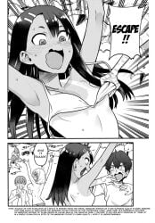 2boys 2girls 774_(nanashi) assistant_(tejina_senpai) big_breasts bikini bikini_removed black_and_white black_hair breasts canonical_scene cleavage crossover curvy embarrassed_nude_female enf english_text hayase_nagatoro long_hair manga monochrome naoto_hachioji_(senpai) navel official_art please_don't_bully_me,_nagatoro short_hair simple_background small_breasts stolen_bikini stolen_swimsuit tan tan_skin tanline tanned tejina_senpai tejina_senpai_(character) text white_background wide_hips