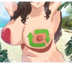 areola_slip armpits arms_up beach black_hair breast_focus breasts cleavage completely_nude drill_hair exhibitionism female heart_pasties highres like_and_retweet long_hair navel nipples nude open_mouth original outdoors palm_tree pasties public_indecency ryokucha_michi solo tree