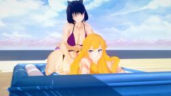 beach black_hair blake_belladonna blonde_hair canon_couple cat_ears lavender_eyes purple_bikini purple_eyes rubbing_back rwby stormstriker yang_xiao_long yellow_bikini yellow_eyes