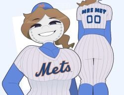 1girls baseball baseball_uniform big_ass big_breasts blue_eyes brown_hair clothed_female dat_ass exqmaster mascot mascot_costume mascots mlb mrs._met new_york_mets smile solo tagme