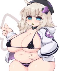 aa-12_(girls'_frontline) absurdres ahoge areola_slip bags_under_eyes belly_grab beret blonde_hair blue_eyes blunt_bangs breasts curvy eigetsu fat female female_pubic_hair girls'_frontline hands_on_own_stomach hat highres hood hoodie huge_breasts navel panties plump pubic_hair skindentation solo striped striped_panties thick_thighs thighs underwear