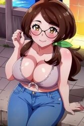 ai_generated blue_jeans blush brown_hair busty cleavage creatures_(company) crop_top curvy denim_jeans female female_only front_view game_freak glasses hair_ornament hi_res highres jeans milf mommy mother mother_(pokemon_ss) nintendo outside pokemon pokemon_(game) pokemon_ss ponytail seraphim_ai sitting smile solo stable_diffusion tight_jeans yellow_eyes