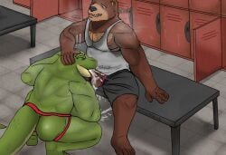 age_difference alligator alligatorid anthro anthro_on_anthro balls barazoku bathroom bear bodily_fluids body_hair brown_body brown_fur clothed clothing crocodilian crouching cum cum_drip cum_in_mouth cum_inside cum_on_balls cum_on_face cum_on_ground cum_on_penis cumshot dodogpog dripping duo ejaculation erection fellatio fur genital_fluids genitals gym hand_on_head happy_trail humanoid_genitalia humanoid_penis jockstrap kneeling kneeling_on_ground kneeling_oral_position larger_male locker_room male male/male mammal mature_anthro mature_male musk musk_clouds musky_cock oral orgasm_face penile penis public_restroom reptile scalie sex simple_background size_difference squatting_position surprised_expression sweat sweaty_body sweaty_clothing sweaty_genitalia underwear vein veiny_penis