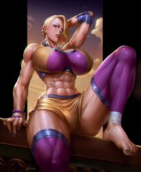 1girls abs asymmetrical_hair bare_shoulders barefoot blonde_hair broad_shoulders crop_top dolphin_shorts feet hand_behind_head heather_(fellatrix) huge_breasts impossible_clothes muscular_arms muscular_female muscular_legs original shorts sitting toes xeviousg