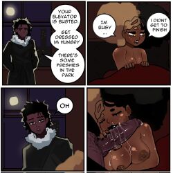 1boy 1girls comic dark-skinned_female dark_skin dialogue fellatio freckles multicolored_hair nude oral ozholewd text