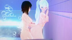 2girls 3d blue_eyes bubbles female female_only girls_only red_hair ruby_rose rwby shower_room silver_eyes stormstriker weiss_schnee white_hair