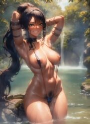 1girls ai_generated arbuzai female green_eyes green_eyes_female hair_tied hairy_pussy league_of_legends more_at_source nidalee ponytail riot_games sling_bikini smile solo solo_female solo_focus tribal_markings tribal_tattoo tribal_tattoos visible_nipples visible_pussy