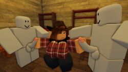 1girls 2boys 3d cowboy cowboy_hat execel handjob roblox robloxian saloon self_upload sweat tagme tan_skin