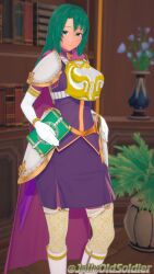 1girls 3d book bookshelf boots breasts cape cecilia_(fire_emblem) elbow_gloves female female_only fire_emblem fire_emblem:_the_binding_blade flower gloves green_eyes green_hair indoors jollyoldsoldier large_breasts long_hair looking_at_viewer nintendo smile solo standing vase