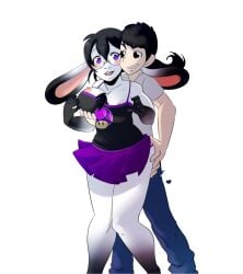 anthro areola black_hair breasts clothed clothing colored duo f-ss female hair hand_on_breast hand_on_butt heart hi_res human lagomorph leporid male male/female mammal nipples purple_eyes rabbit simple_background