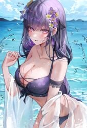 1girls beach bikini breasts cleavage collarbone commentary dasha day earrings female flower genshin_impact hair_flower hair_ornament highres jewelry large_breasts leaning_forward looking_at_viewer mole mole_under_eye outdoors parted_lips purple_bikini purple_eyes purple_flower purple_hair raiden_shogun solo strap_pull swimsuit tassel tassel_earrings voluptuous water