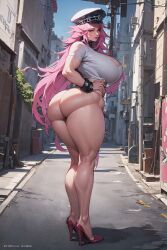 1girls 2023 ai_generated amber_eyes ass big_ass big_breasts big_butt black_boots boots capcom collar curvaceous curvy_female detailed_background female final_fight hand_on_butt hat high_heels huge_ass huge_breasts long_hair looking_back muscular_female nude nude_female pale-skinned_female pink_hair poison_(final_fight) red_high_heels solo street_fighter