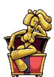 anthro big_breasts chabble female game_freak gholdengo ghost humanoid metal metal_body metal_breasts metal_girl metal_hair metal_skin metallic metallic_body metallic_hair metallic_skin nintendo pixel_art pokémon_(species) pokemon pokemon_sv sitting thick_thighs transparent_background