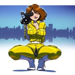 april_o'neil april_o'neil_(tmnt_1987) busty cameltoe cleavage concentrating crotchless female_focus filming gao23 hourglass_figure large_breasts oblivious polka_dot_panties split_pants squatting teenage_mutant_ninja_turtles unaware wardrobe_malfunction white_boots yellow_jumpsuit zipper_jumpsuit