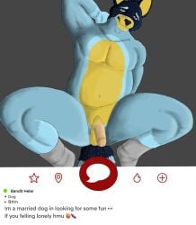 absurd_res anthro bandit_heeler blue_body blue_fur bluey_(series) canid canine canis clothing dating_app domestic_dog footwear fur genitals hi_res male mammal penis socks solo wolfsavage