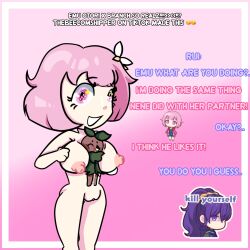 1girls branch_(tower_heroes) cum dialogue dripping_cum english_text happy medium_breasts nude nude_female ootori_emu pink_eyes pink_hair project_sekai pussy roblox short_hair silly squished_between_breasts text thebeecomshipper tower_heroes