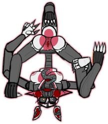 3_feet 3_legs alpha_channel animatronic anthro anus ass bodily_fluids breasts caloxya canid canine endoskeleton female five_nights_at_freddy's five_nights_at_freddy's_4 fox genital_fluids genitals long_tongue looking_at_viewer machine mammal mangle_(fnaf) mangled_mangle_(fnaf) multi_leg multi_limb nightmare_mangle presenting presenting_pussy pussy pussy_juice robot saliva saliva_string scottgames solo tongue upside-down