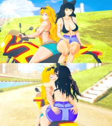 black_bikini_top black_hair blake_belladonna blonde_hair canon_couple girls_only lesbian lesbian_kiss motorcycle no_sex purple_eyes rwby stormstriker yang_xiao_long yellow_eyes