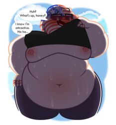 1girls belly_button belly_expansion big_belly blush breasts chubby_female clothing countryhumans countryhumans_girl english_text expansion eyebrows fat fat_woman female female_only hornywithlemon_(artist) obese obese_female overweight pink_nipples small_image solo sunglasses text united_states_of_america_(countryhumans)