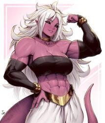 1girls abs absurdres android_21 baggy_pants black_sclera bracelet breasts cleavage clothed clothing colored colored_sclera colored_skin double_biceps_pose dragon_ball dragon_ball_fighterz elbow_sleeve female flexing hand_on_own_hip hi_res highres jewelry long_hair majin_android_21 muscular muscular_female necklace pants pink_skin pointy_ears sharp_teeth signature solo speedl00ver tail teeth white_hair