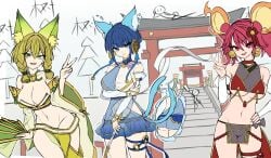 3girls chong_(547342983) duel_monster female female_only ha-re_the_sword_mikanko hu-li_the_jewel_mikanko japanese_clothes japanese_mythology multiple_girls ni-ni_the_mirror_mikanko yu-gi-oh!