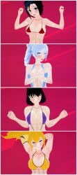 3d 4girls armpits arms_behind_head big_breasts black_hair blake_belladonna blonde_hair blue_bikini blue_eyes busty large_breasts lavender_eyes muscular_female navel ponytail purple_bikini purple_eyes red_bikini ruby_rose rwby sexy_armpits silver_eyes stormstriker weiss_schnee white_hair yang_xiao_long yellow_bikini yellow_eyes