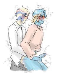 2boys blush clothed_sex clothing countryhumans erection eyebrows_visible_through_hair kazakhstan_(countryhumans) male multicolored_hair onomatopoeia penetration penis request romania_(countryhumans) simple_background sleep_hours sweater text watermark white_background yaoi