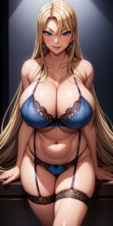 1girls ai_generated big_breasts blonde_hair blue_eyes blush cleavage earrings garter_straps hourglass_figure kurashiki_reika large_breasts lingerie lingerie_bra lingerie_only looking_at_viewer midriff milf navel saimin_seishidou smiling_at_viewer stable_diffusion stockings tagme thick_thighs wide_hips yodayo