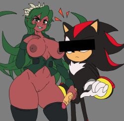 1boy 1girls anthro anthro_on_human big_breasts blackchaos64 blush breasts censor_bar censored_eyes crack_pairing crossover dark-skinned_female dark_skin fukua_(skullgirls) furry green_eyes green_hair green_lipstick human human_on_anthro large_breasts lipstick long_hair penis penis_grab pussy shadow_the_hedgehog skullgirls sonic_(series) sonic_the_hedgehog_(series) thick thick_thighs thighs