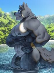 1boy adastra adastra_(series) amicus_(adastra) anthro bara canid canine canis echo_project fur gay hi_res male mammal muscular muscular_anthro muscular_male pecs raccoon21 solo tail water wet wolf