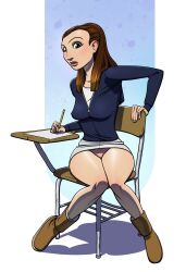 blue_jacket brown_eyes brown_hair flower_print_panties gao23 grey_skirt kira_(gao23) knees_together_feet_apart medium_breasts nipple_bulge panty_flash pantyshot_(sitting) pencil school_desk taking_notes ugg_boots upskirt zipper_jacket