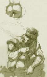 artist_request ass ass_focus bandana big_ass cigarette drawing female female_focus male meryl_silverburgh metal_gear_solid monochrome muscular muscular_male smoking smoking_cigarette solid_snake source_request tagme thinking thought_bubble tight_clothing