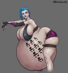 1girls belly belly_expansion big_belly big_breasts bitchasta blue_hair breasts edit enormous_belly expanded_belly expansion female female_only huge_belly huge_breasts hyper_pregnancy jinx_(league_of_legends) league_of_legends overweight overweight_female pregnancy_mark pregnancy_tally pregnant shorts skimpy solo_female sweat sweaty tattoo third-party_edit tight_clothes