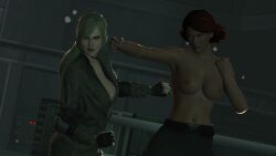 2girls 3d artist_request catfight clothed female_only fight meryl_silverburgh metal_gear_solid punch sniper_wolf tagme tits