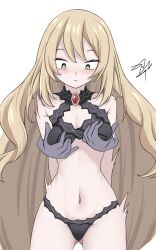 1girls ass_visible_through_thighs bare_shoulders bare_thighs belly_button black_bra black_panties black_underwear blonde_hair blush bra breast_grab breasts celine_(fire_emblem) disembodied_hand double_breast_grab female female_focus female_only fire_emblem fire_emblem_engage fondling_breast grabbing_another's_breast green_eyes groping kajikotetu light-skinned_female light_skin long_hair looking_down nintendo panties small_breasts solo surprised thighs underwear very_long_hair