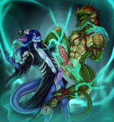 absurd_res anthro ball_gag balls bondage bound clothing dragon duo erection feathers gag genitals hi_res horn knot lizard magic magic_user male male/male miosha mythological_creature mythological_scalie mythology penis reptile sanlich scalie skaereth tail yaoi