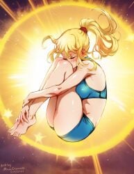 1girls arms bare_shoulders barefoot blonde_hair blue_shorts blue_topwear blush closed_eyes crystal_flash feet female female_only fetal_position hairband highres hugging_legs knees_on_chest legs levitation light-skinned_female long_hair metroid minacream mole mole_under_mouth ponytail samus_aran shorts solo sports_bra sportswear thick_thighs thighs topwear underwear