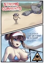 artist_request beach bikini blue_eyes breasts brown_hair buns comic comic_page huge_breasts patreon pokemon pokemon_(species) pokemon_bw rosa_(pokemon) sunlight swimsuit tagme tentacruel