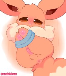 anus ass balls blush bondage bondage bound brown_body brown_eyes eevee feral generation_1_pokemon genitals hi_res looking_at_viewer male misumasu nintendo open_mouth penis pokemon pokemon_(species) solo sumichisuu yellow_body