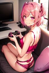 1girls ai_generated back_view controller doki_doki_literature_club female female_only hair_ribbon lingerie looking_at_viewer natsuki_(doki_doki_literature_club) pink_eyes pink_hair solo stable_diffusion video_games wholesome